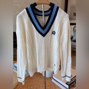 Brownie Cream V-Neck Sweater with Blue Trim